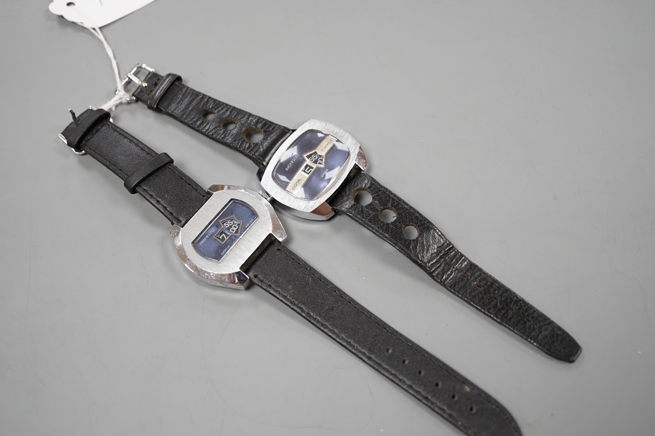 Two gentleman's stainless steel Ingersoll jump hour digital manual wind wrist watches.